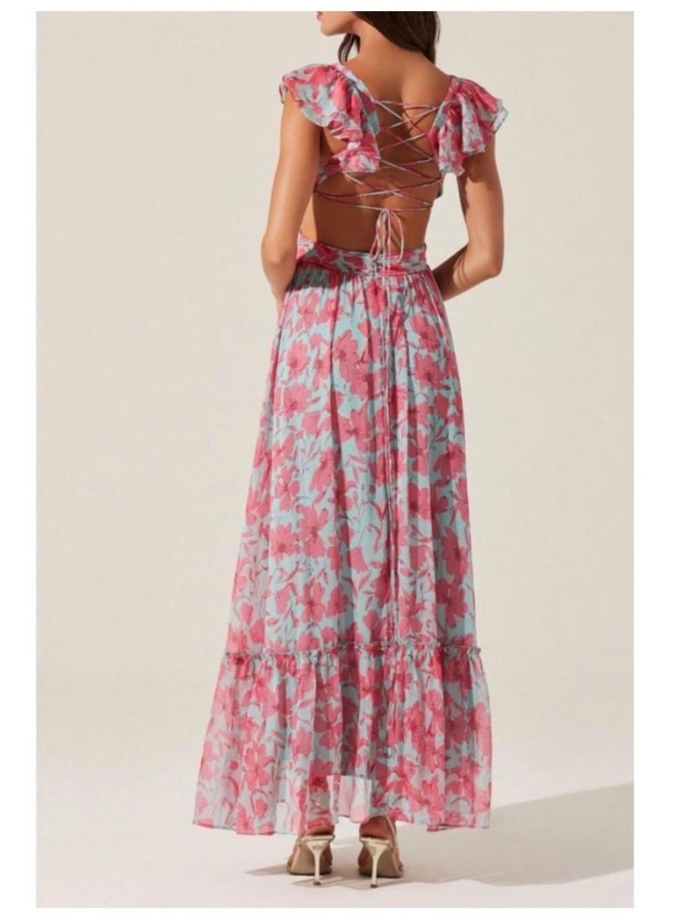 ASTR The Label Floral Pink and Blue Maxi Dress with strappy back details - Picture 4 of 5